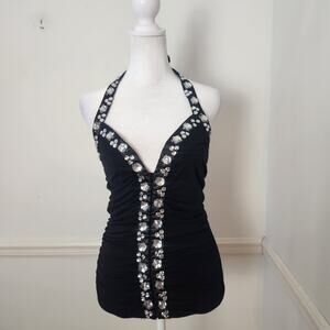 Vtg Y2K Body Central Tank Top Size Small Halter Fairy Grunge Black Beaded Cami